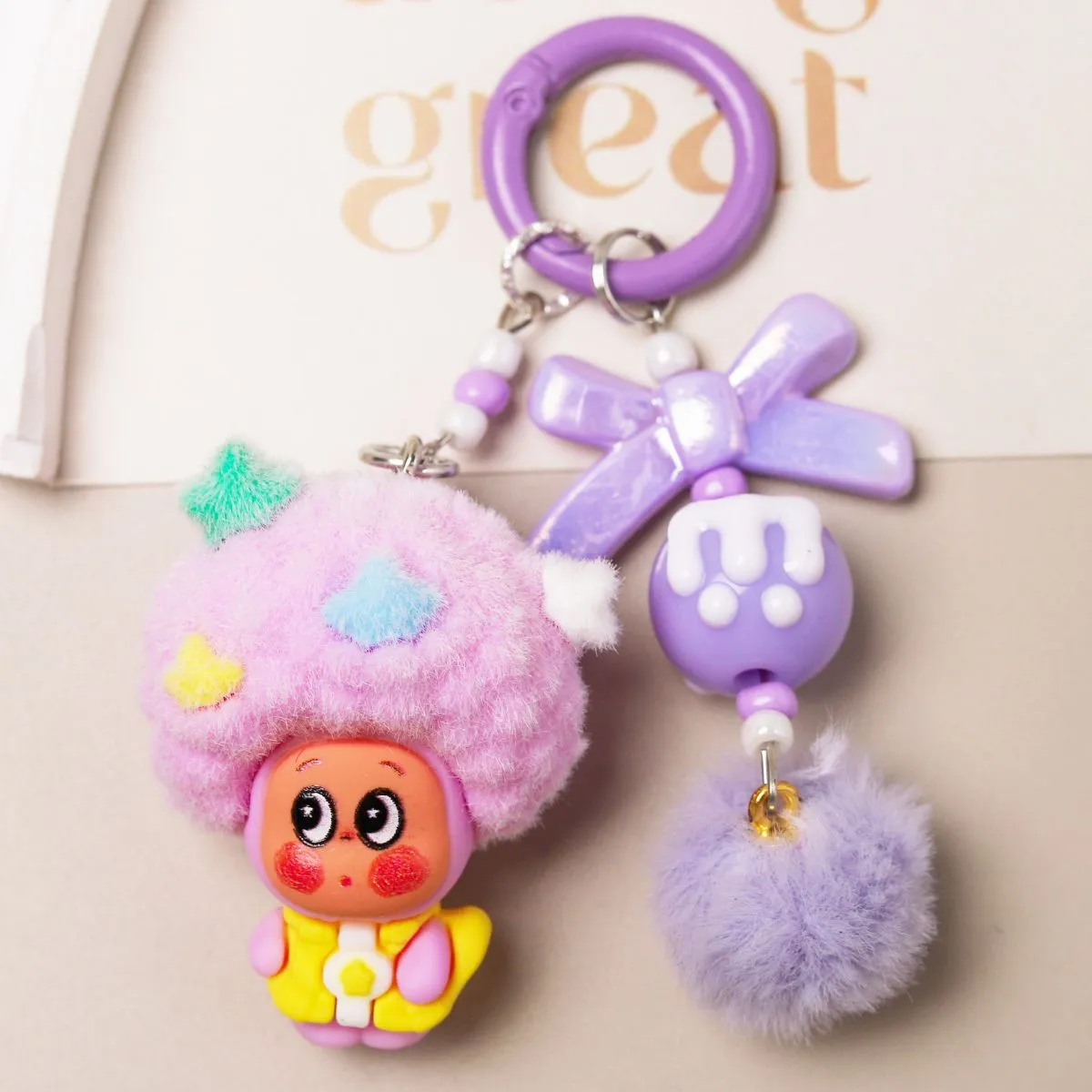 New Flocked Afro-Haired Star Character Keychain – Cute Cartoon Plush Bag Charm, Labubu-Style Pendant, Perfect Gift for Kids & Collectors